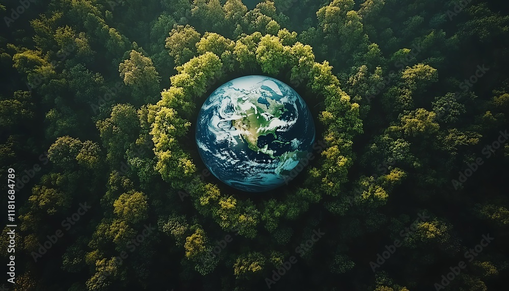 Green energy and carbon reduction target for sustainable environment, top view of green forest and globe earth, Earth Day concept, environmental care for a better future Green energy and carbon reduction target for sustainable environment, top view of green forest and globe earth, Earth Day concept, environmental care for a better future