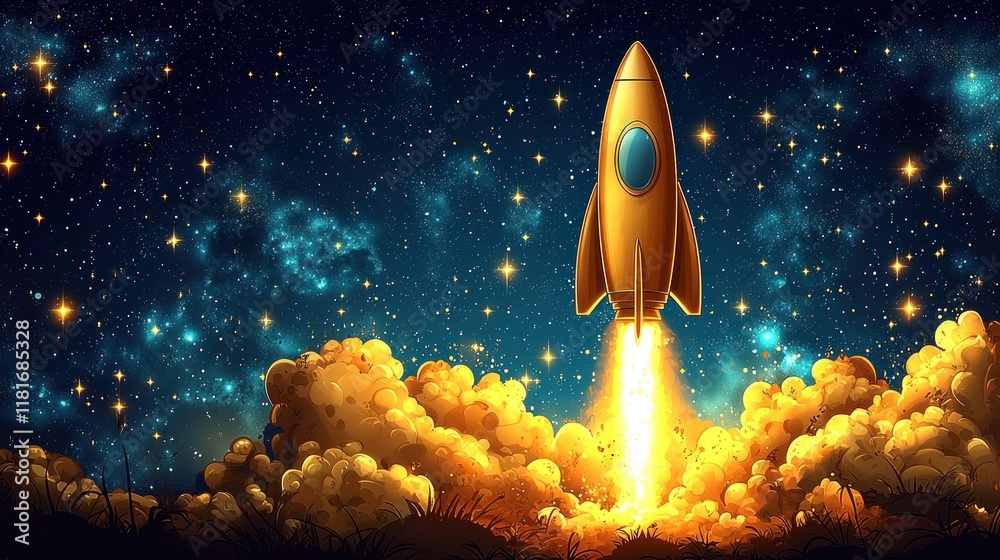 Fototapeta premium Golden Rocket Launching into a Starry Night