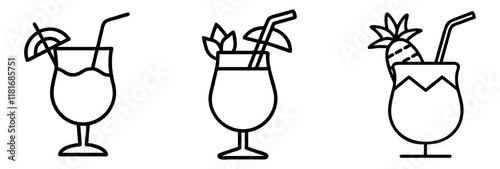 pi a colada icon, drinks line art, drinks vector - simple black line art icon of pi a colada perfect for logos, and drinks-themed designs.
