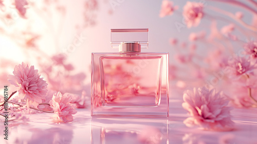 A luxurious perfume bottle showcasing pink liquid with floral and vine accents in the background, emphasizing beauty in photoproduct concepts photo