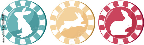 set of icons of colorful poker chips for Easter with prints, shadow of Easter rabbits in different poses