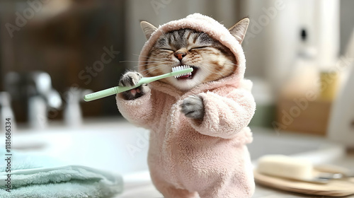 Cat Brushes Teeth in Bathro...