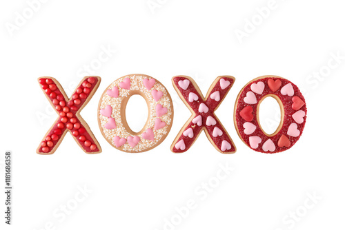 Four colorful cookies spell XOXO, decorated with red and pink hearts, candy sprinkles, and vibrant icing, evoking a sweet Valentine’s theme, isolated on a transparent background photo