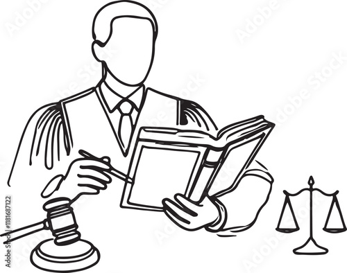 Judge Holding a Law Book in Line Drawing Style - Vector Artwork