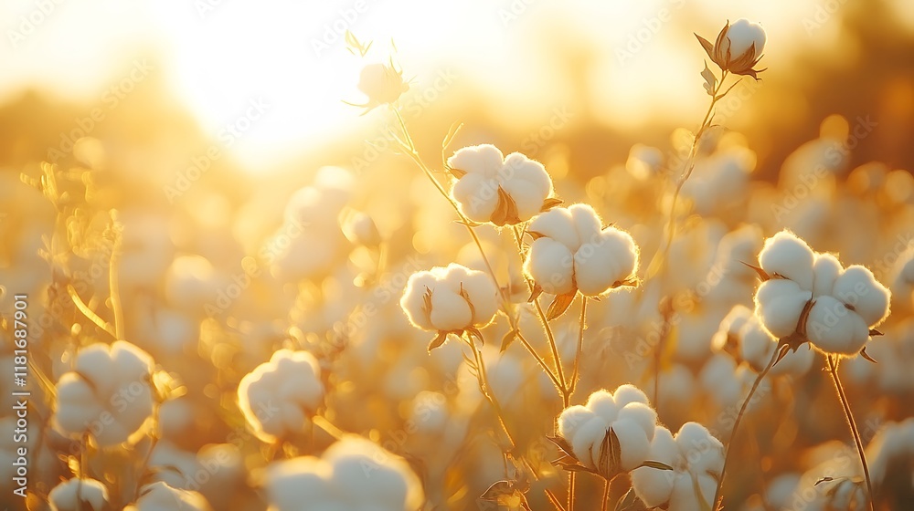 Fototapeta premium Sunlit cotton field glows during golden hour, showcasing white fluffy bolls among plants. Natural backlit creates dreamy atmosphere in peaceful rural landscape during harvest season.