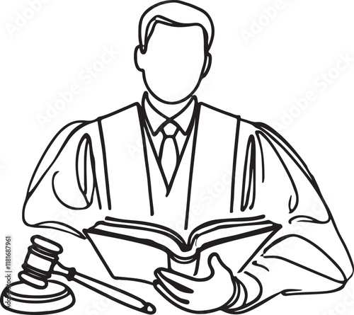 Judge Holding a Law Book in Line Drawing Style - Vector Artwork