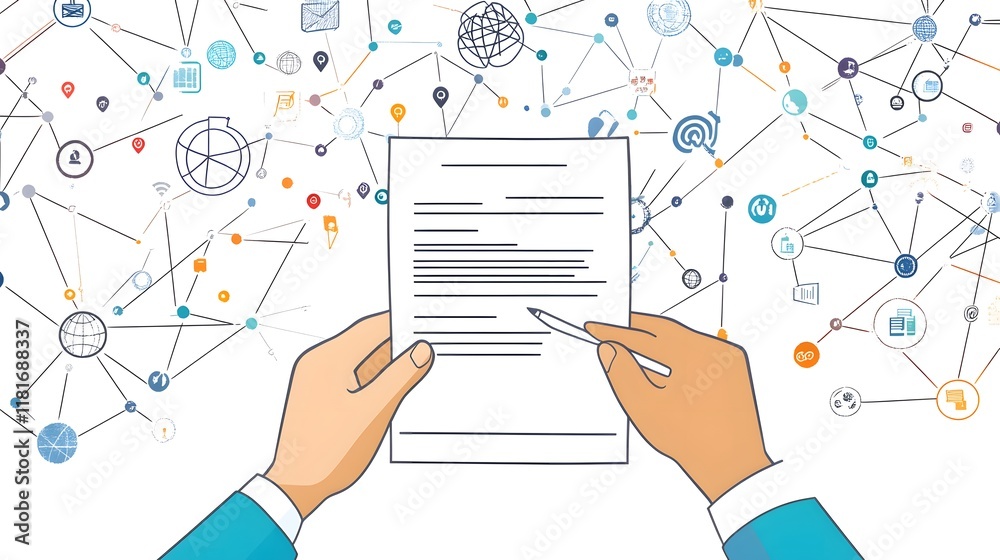 Line art vector graphic of hands holding a paper document with business icons around it, on a white background Line art vector graphic of hands holding a paper document with business icons around it, on a white background