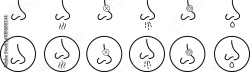 Nose icon set related with nasal. Contains monochrome line vector collection like nasal, smell, organ, breathe, sneeze, sniff and more. Simple outline sign isolated on transparent background.