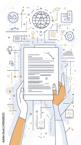 Line art vector graphic of hands holding a paper document with business icons around it, on a white background