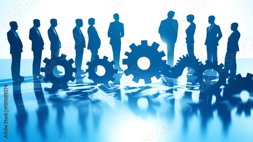 Gear-Laden Silhouettes Collaborating Against Blue Background in Corporate Setting