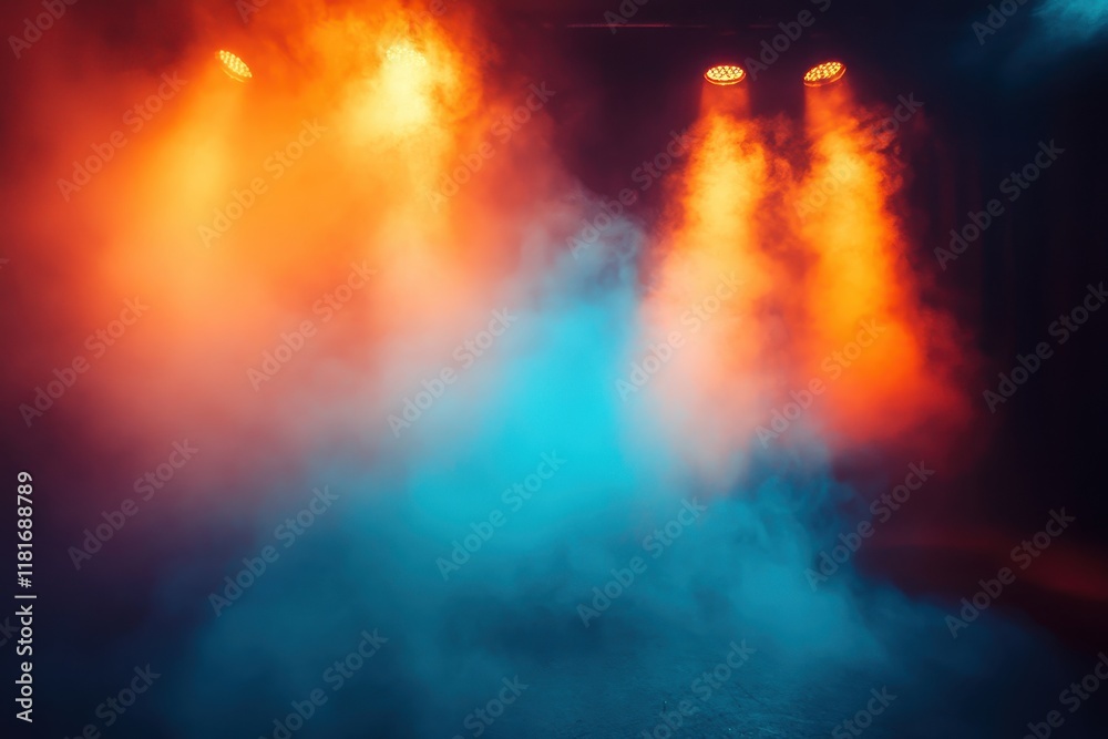 Fototapeta premium Vibrant lights pierce through swirling fog, creating a captivating atmosphere for an energetic performance