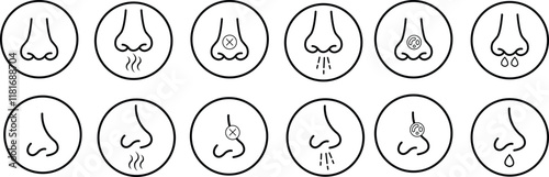 Nose icon set related with nasal. Contains monochrome line vector collection like nasal, smell, organ, breathe, sneeze, sniff and more. Simple outline sign isolated on transparent background.