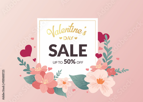 Valentines day sale poster, post, flyer. White card surrounded by hearts and flowers. Pink, love, happy
