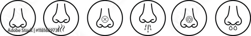 Nose icon set related with nasal. Contains monochrome line vector collection like nasal, smell, organ, breathe, sneeze, sniff and more. Simple outline sign isolated on transparent background.