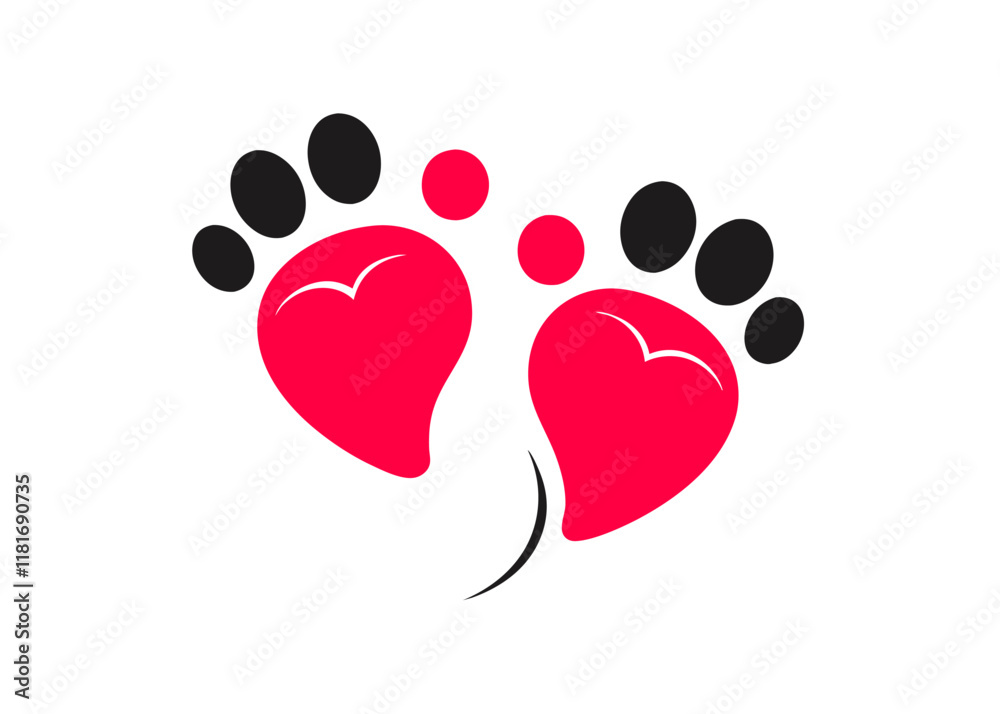 A red paw print nestled among red and white cats and hearts symbolizes love and romance for a Valentine's Day celebration A red paw print nestled among red and white cats and hearts symbolizes love and romance for a Valentine's Day celebration