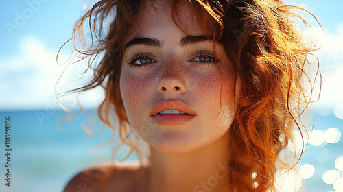 Red Hair Woman Enjoys Ocean...