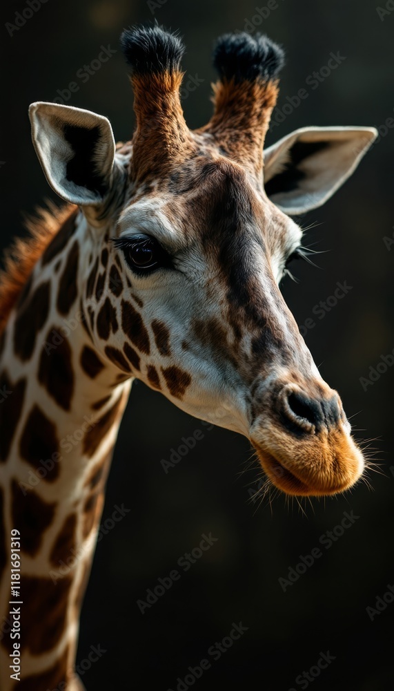 A Majestic Giraffe Portrait Capturing the Gentle Giant,s Detailed Beauty with Intense Gaze A Majestic Giraffe Portrait Capturing the Gentle Giant,s Detailed Beauty with Intense Gaze