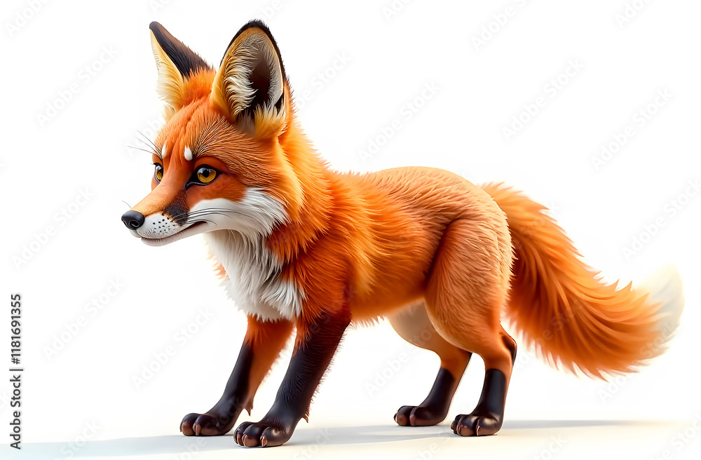 Fototapeta premium Realistic animated fox standing in a playful pose with vibrant fur, showcasing its inquisitive nature