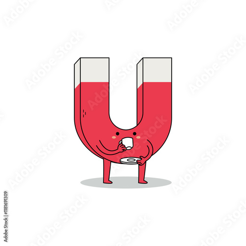 Cute magnet cartoon character drinking tea using tea cup doodle