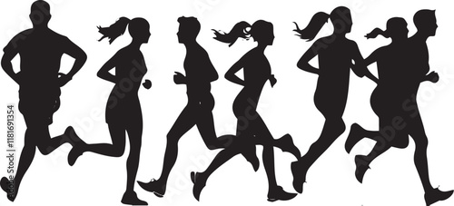 Marathon Run - Group of Running People, Men and Women, Isolated Vector Silhouettes