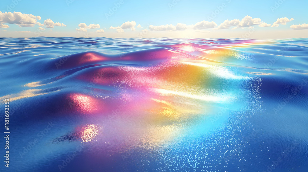 Fototapeta premium Ocean Reflects Rainbow Hues Under Clouds Calmly