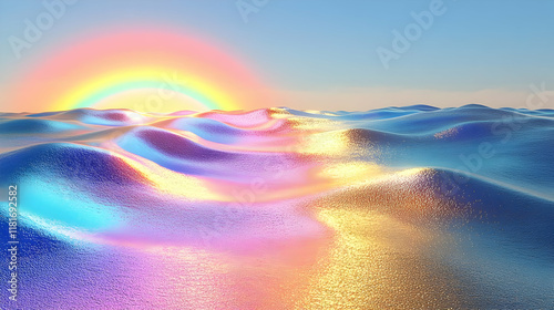 Rainbow Ocean Waves Reflecting Golden Sunset with Colorful Sky