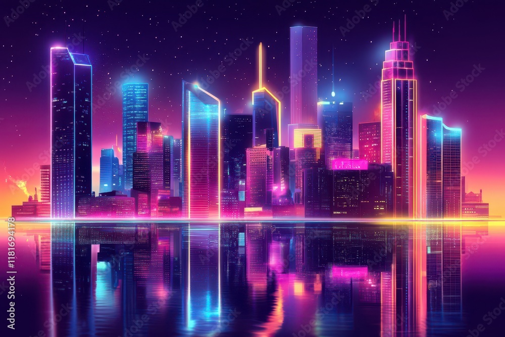 Glowing city skyline at dusk reflecting vibrant neon lights on tranquil water Glowing city skyline at dusk reflecting vibrant neon lights on tranquil water