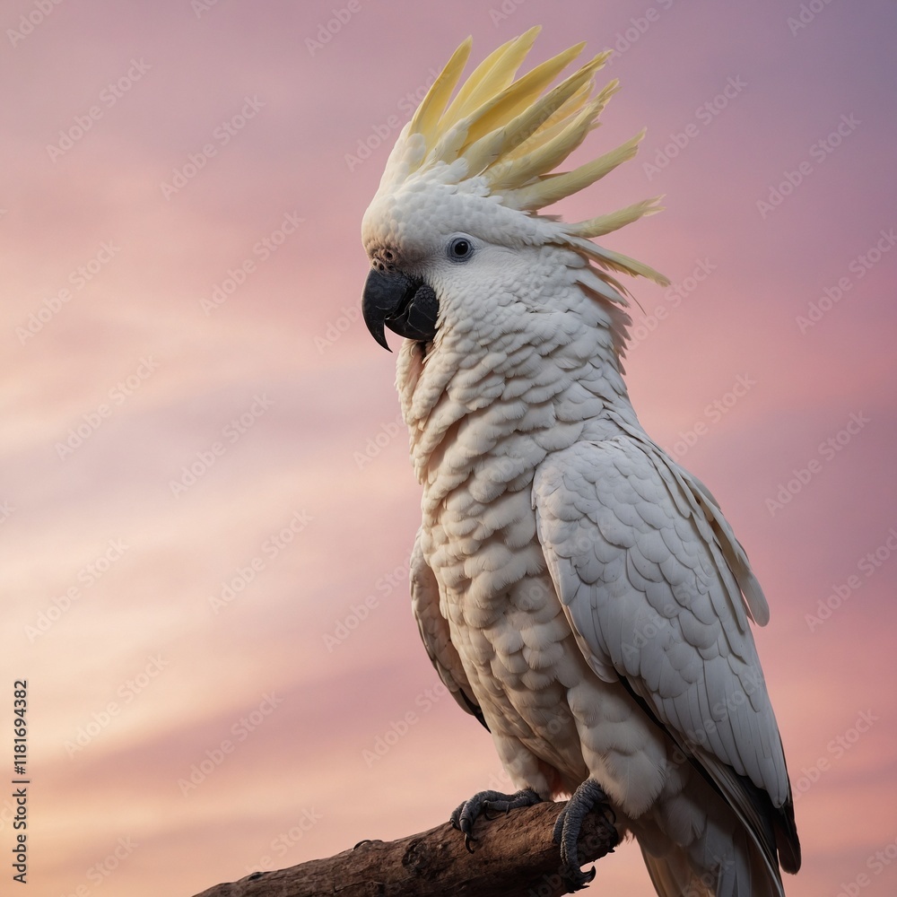 A cockatoo with its crest raised, framed by the soft pink hues of the sky. A cockatoo with its crest raised, framed by the soft pink hues of the sky.
