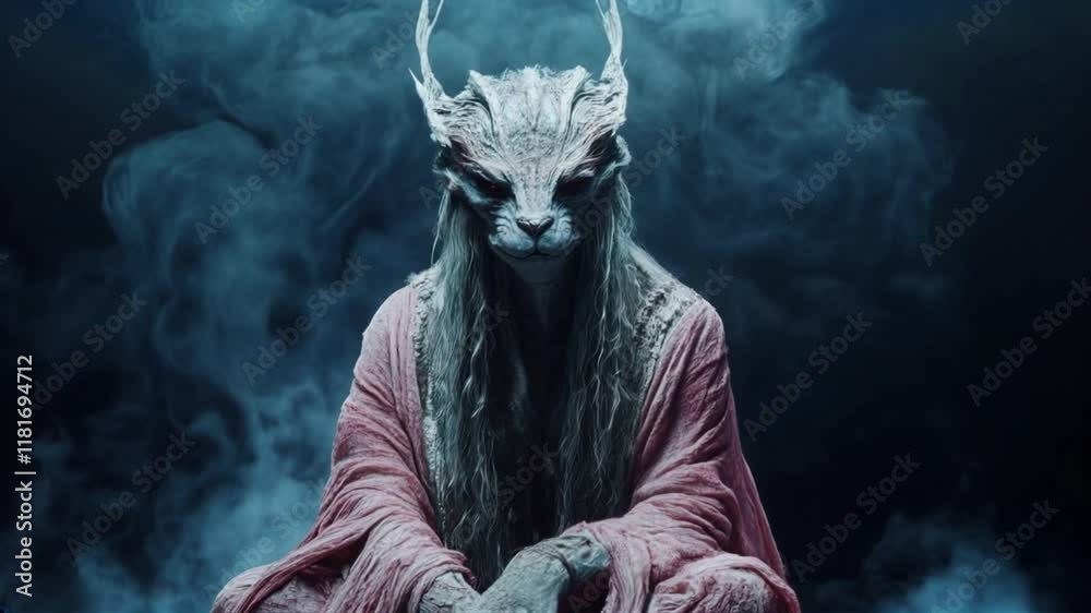 Mythical forest creature in a misty setting wearing a regal crown of antlers