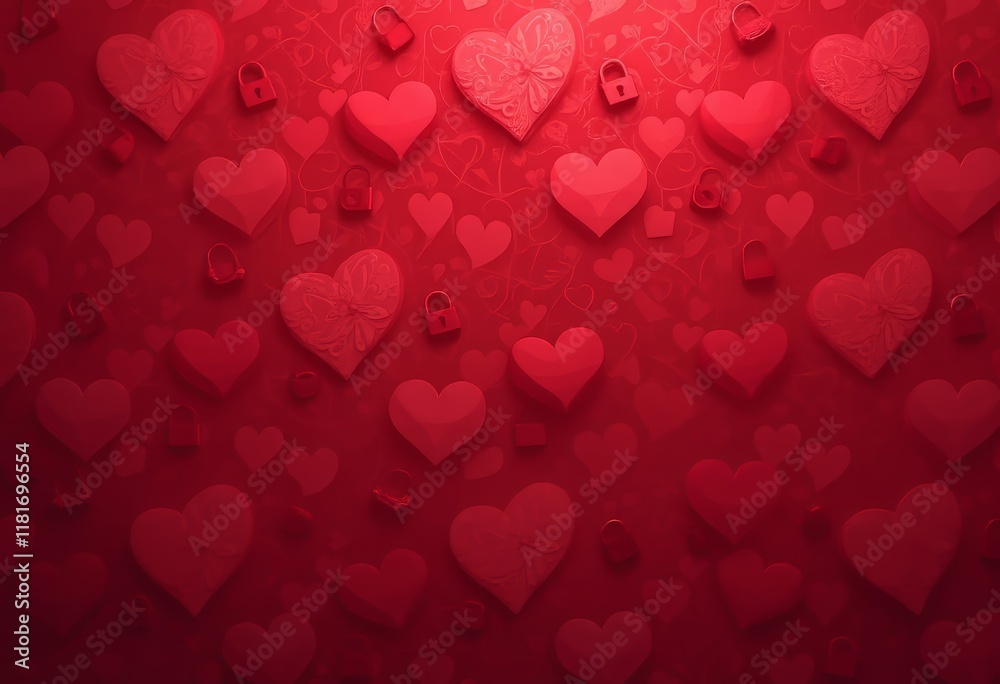 Red hearts and padlocks scattered on vibrant background. Red hearts and padlocks scattered on vibrant background.
