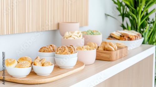 Wallpaper Mural Freshly Prepared Assorted Snacks on Wooden Table with Greenery and Minimalist Decor in Modern Setting Torontodigital.ca