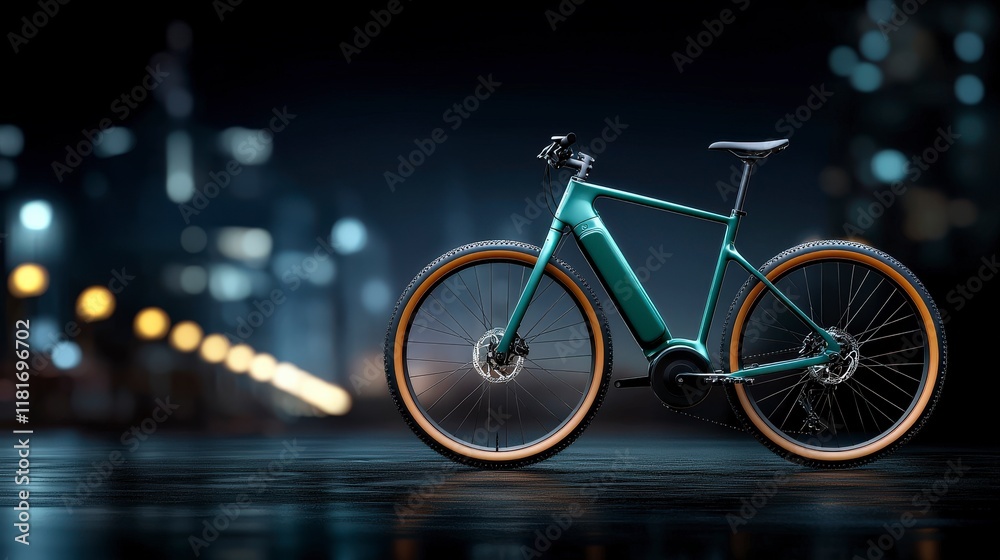 Fototapeta premium Sleek and Modern Electric Bicycle in Urban Night Setting with Blurred City Lights in Background