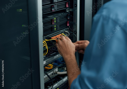 Technician Connecting Fiber Optic Cables to Server