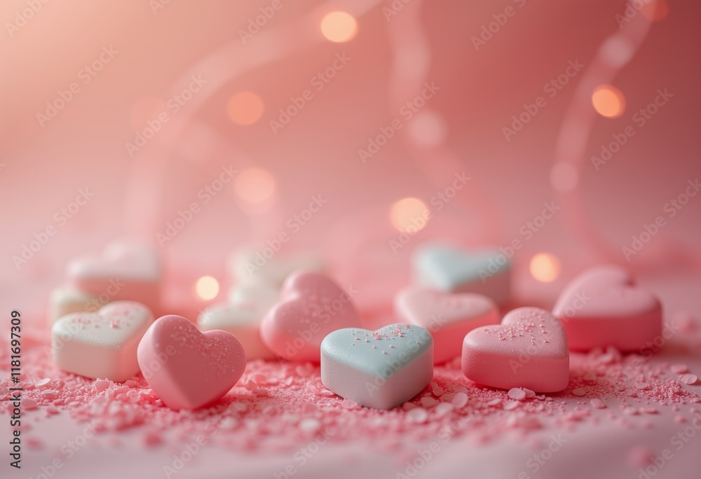 Pink heart-shaped candies on soft pink background. Pink heart-shaped candies on soft pink background.