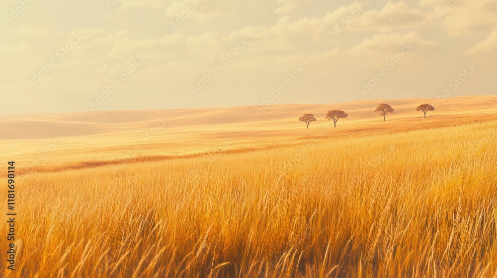 Fototapeta premium Golden Hour Savanna Landscape: A Serene Grassland Panorama