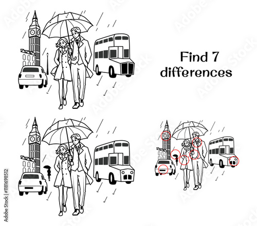 Man and woman walking under an umbrella in London. Find 7 differences. Tasks for children. Vector illustration