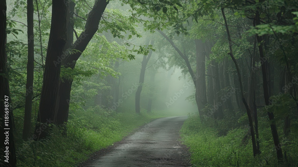 Obraz premium Misty Forest Pathway: A Serene Escape into Nature's Embrace