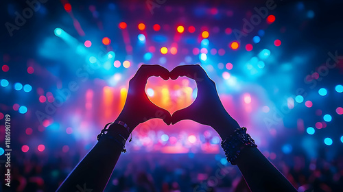 Heart Hands Symbolize Love at Concert with Lights and Music