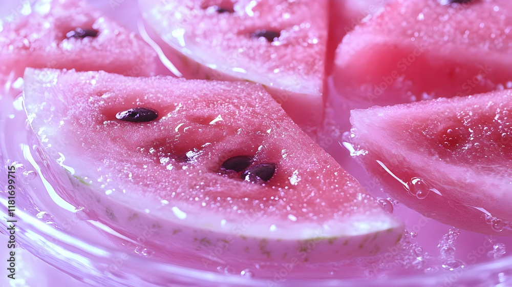 Fototapeta premium Pink Watermelon Slices Float Gently in Refreshing Water