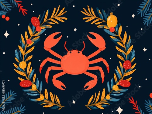 A vibrant illustration of a crab surrounded by colorful leaves and fruits, set against a dark background, creating a playful, artistic vibe. photo