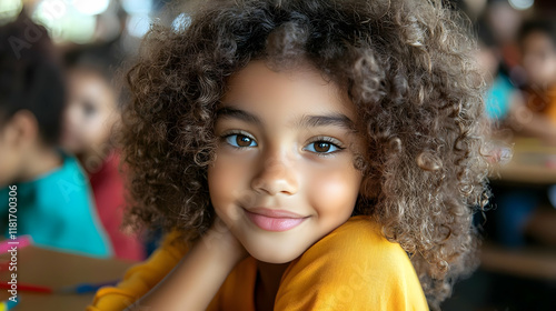 Smiling Child Sits at Desk,...