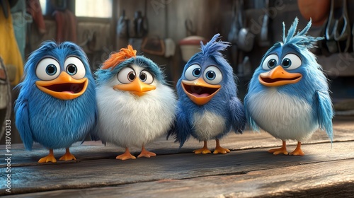 Wallpaper Mural Four animated fluffy blue and white birds with cheerful expressions sitting indoors on a rustic wooden surface. Torontodigital.ca