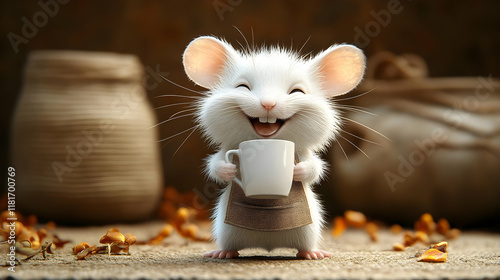 White Mouse Holds Cup Joyfu...