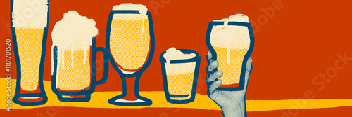 Creative halftone illustration. Row of five beer glasses stands against orange background. Retro aesthetic. Banner, ads. Concept of beer, party, celebration, festival, enjoyment