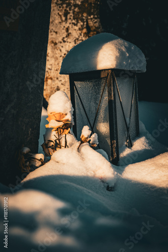 flower and candle in snow