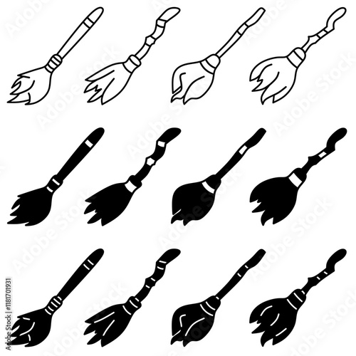 Broom icon illustration collection. Black design icon. Stock vector.