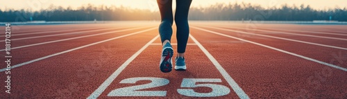 A runner approaches the 25-meter mark on a track, set against a golden sunrise, symbolizing determination and athleticism.