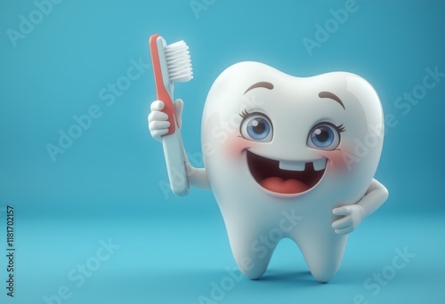 Happy tooth character holding a toothbrush on blue background.