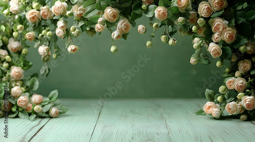 Peach Roses Frame a Green W...