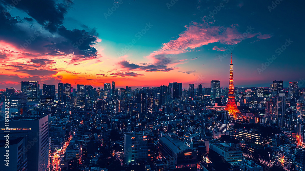 Fototapeta premium Vivid Tokyo cityscape during a stunning sunset with urban lights and skyline